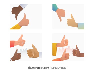 Thumb gestures set. Multiethnic group of people making like and dislike hand gestures. Flat vector illustrations. Approval, feedback concept for banner, website design or landing web page