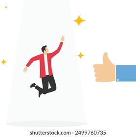 Thumb up gesturing hands approval feedback with businessman, Vector illustration design concept in flat style

