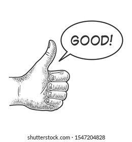 Thumb up Good hand gesture sketch engraving vector illustration. Recommend. Scratch board imitation. Black and white hand drawn image.
