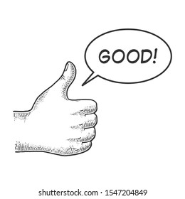 Thumb up Good hand gesture sketch engraving vector illustration. Recommend. Scratch board imitation. Black and white hand drawn image.