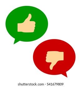 Thumb up green and thumb down red comment icons, vector illustration.