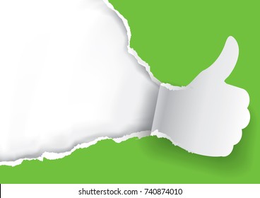Thumb up for green.
Green Paper background with torn thumbs up.Place for your text or image. Use full as template. Vector available. 
