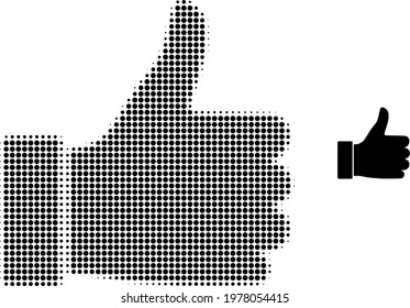 Thumb up halftone dot icon illustration. Halftone array contains round pixels. Vector illustration of thumb up icon on a white background. Flat abstraction for thumb up symbol.