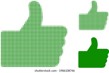 Thumb up halftone dotted icon. Halftone pattern contains round points. Vector illustration of thumb up icon on a white background.