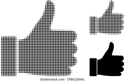 Thumb up halftone dotted icon. Halftone pattern contains round dots. Vector illustration of thumb up icon on a white background.