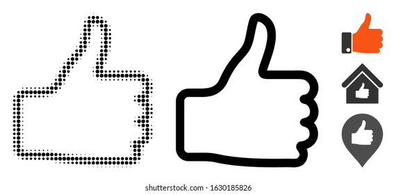 Thumb up halftone vector icon and solid version. Illustration style is dotted iconic Thumb up icon symbol on a white background. Halftone matrix is circle elements. Some bonus pictograms.