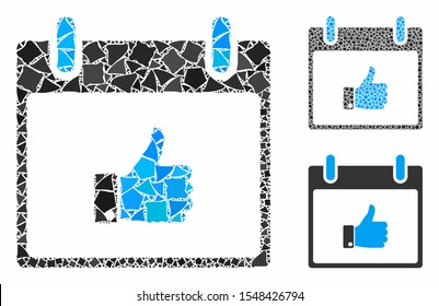 Thumb up hand calendar day composition of raggy items in variable sizes and color tints, based on thumb up hand calendar day icon. Vector uneven items are united into collage.