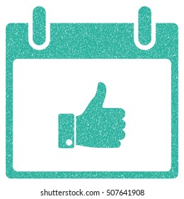 Thumb Up Hand Calendar Day grainy textured icon for overlay watermark stamps. Flat symbol with dust texture. Dotted vector cyan ink rubber seal stamp with grunge design on a white background.