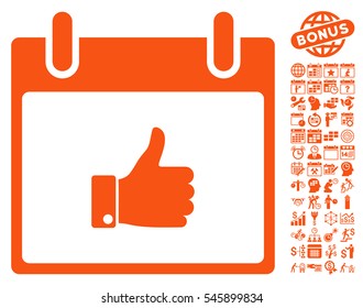 Thumb Up Hand Calendar Day icon with bonus calendar and time management symbols. Vector illustration style is flat iconic symbols, orange, white background.