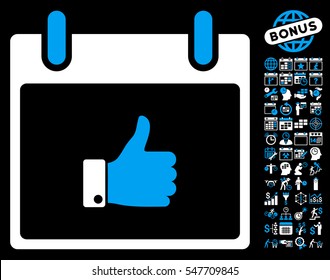 Thumb Up Hand Calendar Day icon with bonus calendar and time management pictures. Vector illustration style is flat iconic symbols, blue and white, black background.