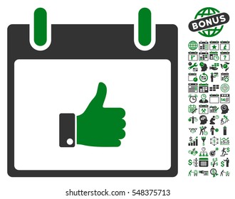 Thumb Up Hand Calendar Day icon with bonus calendar and time management pictograph collection. Vector illustration style is flat iconic symbols, green and gray, white background.
