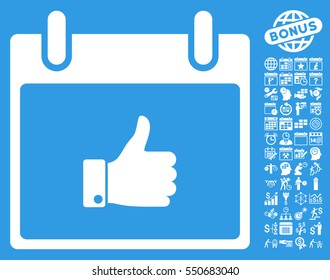 Thumb Up Hand Calendar Day icon with bonus calendar and time management graphic icons. Vector illustration style is flat iconic symbols, white, blue background.