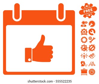 Thumb Up Hand Calendar Day icon with bonus settings images. Vector illustration style is flat iconic symbols, orange, white background.