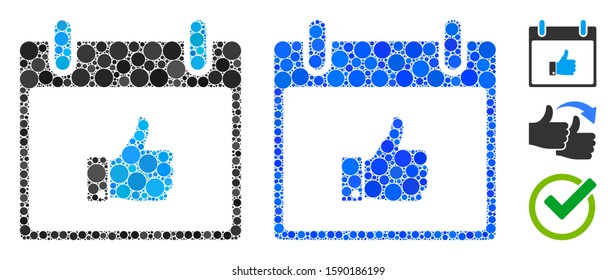 Thumb up hand calendar day mosaic of round dots in variable sizes and color tints, based on thumb up hand calendar day icon. Vector round dots are grouped into blue mosaic.