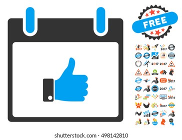Thumb Up Hand Calendar Day pictograph with bonus calendar and time management pictures. Vector illustration style is flat iconic symbols, blue and gray colors, white background.
