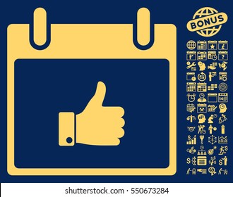 Thumb Up Hand Calendar Day pictograph with bonus calendar and time management clip art. Vector illustration style is flat iconic symbols, yellow, blue background.