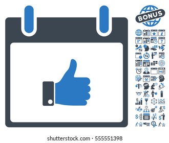 Thumb Up Hand Calendar Day pictograph with bonus calendar and time management clip art. Vector illustration style is flat iconic symbols, smooth blue, white background.