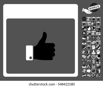 Thumb Up Hand Calendar Page icon with bonus calendar and time management symbols. Vector illustration style is flat iconic symbols, black and white, gray background.