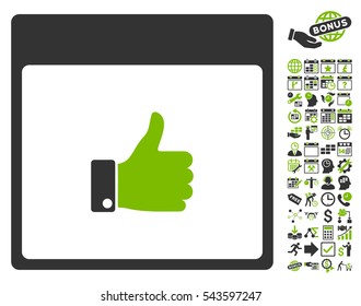 Thumb Up Hand Calendar Page pictograph with bonus calendar and time management design elements. Vector illustration style is flat iconic symbols, eco green and gray, white background.