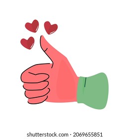 Thumb up hand. Finger up with three red heart. Good review, excellent, recommend symbol concept. Like sign. Love icon vector illustration.