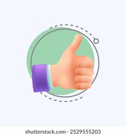 Thumb up hand gesture 3d cartoon style icon on white background. Hand raising thumb up as symbol of positive feedback, approval or agreement flat vector illustration. Greeting, gesturing concept