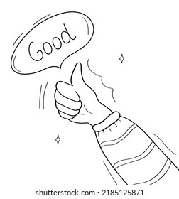 Sube el gesto de la mano, una buena burbuja, como dar un vector de concepto al estilo de doodle. Gracias firmar. Icono de voluntarios. Dedo, reseña, impresión, amistad. A los seguidores les gusta el contenido de las redes sociales. 