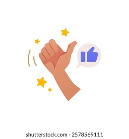 Thumb up hand gesture, like emoticon flat vector icon. Approval emoji for social media. Positive reaction symbol showing. Hand thumb up finger gesture message in speech bubble. Great feedback, ok sign