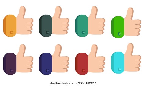 Thumb up hand gesture. The hand shows the class. A set of different colors. Vector illustration