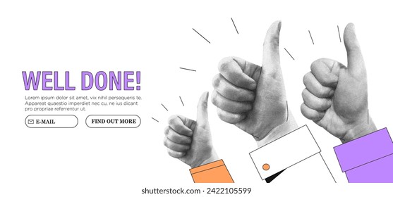 Thumb up hand gesture vector collage halftone illustration. Good, great job, well done, ok or like symbol business or marketing concept for website or social media banner, ui. Approval, agreement.