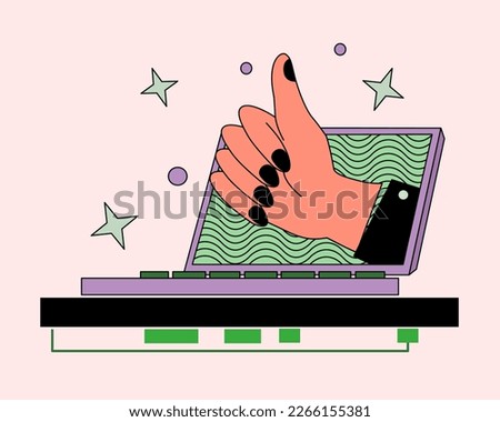 Thumb up hand gesture vector illustration. Hand thumb up or like sign. Communication through electronic gadgets. Like thumb up from computer. Concept for website or social media banner, ui. 