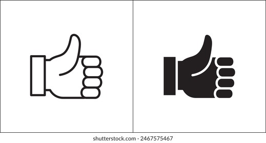 Thumb up hand icon. Compliment hand sign. Thumb up hand gesture. Vector stock illustration. Flat and line design style. Isolated on white background.