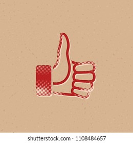 Thumb up hand icon in halftone style. Grunge background vector illustration.