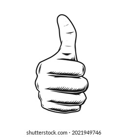 Thumb up hand illustration ,Vintage style ,Monochrome color ,with outline