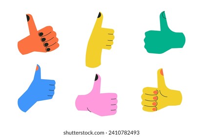 Thumb up hand. Like gesture. Good, great job, well done, ok. Colorful vector illustration. Set of funny cartoon character hands. Cartoon style. Approval, agreement. Best choice concept