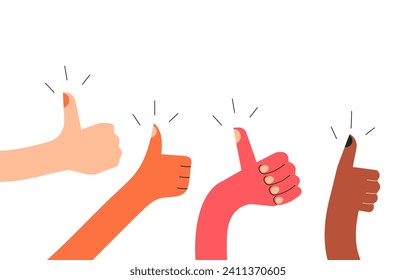 Thumb up hand. Like gesture. Good, great job, well done, ok. Colorful vector illustration. Set of funny diverse cartoon character hands with copy space. Approval, agreement. Best choice concept