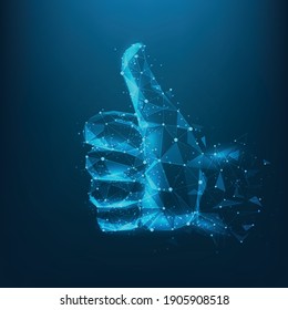 Thumb up hand low poly wireframe onblue dark background. Abstract of a hand like from particles, lines and triangles. business and technology concept. vector illustration in flat style modern design.