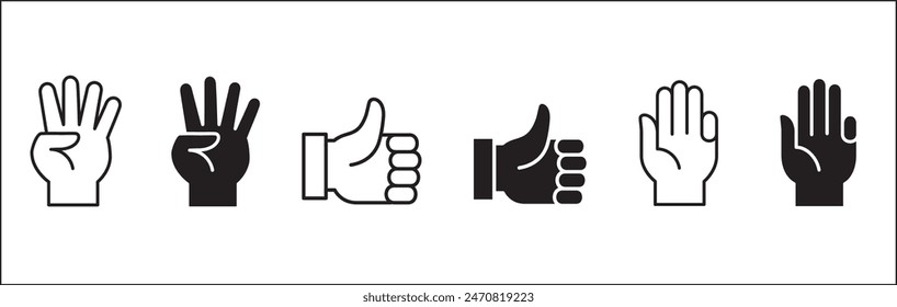 Thumb up hand and number four icon. Four finger hand sign. Thumb up hand gesture. Vector stock illustration. Flat and line design style. Isolated on white background.