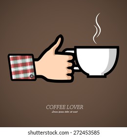 Thumb up hand on scotch shirt is holding a white coffee cup on brown gradient background. (EPS10 art vector)