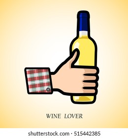 Thumb up hand in scotch shirt is holding a white wine bottle. (EPS10 art vector)