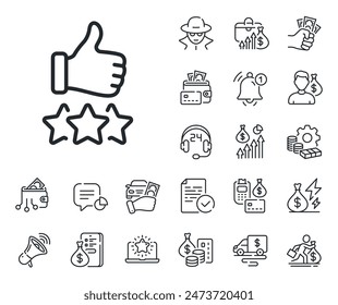 Thumb up hand sign. Cash money, loan and mortgage outline icons. Rating stars line icon. User ranking symbol. Rating stars line sign. Credit card, crypto wallet icon. Inflation, job salary. Vector