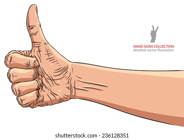Thumb up hand sign, detailed vector illustration.