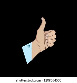 Thumb up hand sign. Realistic vector hand on black background