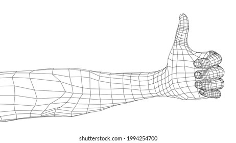 Thumb up hand sign. Vector rendering of 3d. Wire-frame style