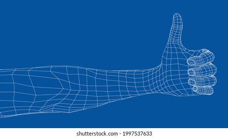 Thumb up hand sign. Vector rendering of 3d. Wire-frame style