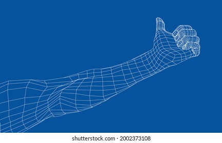 Thumb up hand sign. Vector rendering of 3d. Wire-frame style