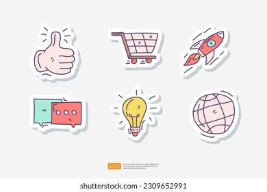 thumb up hand, wheel trolly, Rocket launch, chat bubble conversation, creativity with bulb lamp, world globe. customer evaluating feedback concept doodle sticker set icon vector illustration