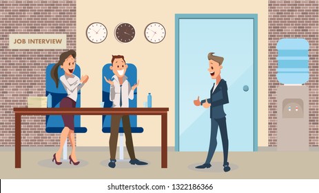 Thumb Up Happy Man, Smiling Office Worker Clap. Successful Job Interview at Modern Workplace. Recruitment. Partnership Begin. Employee Character Wear Suit Joy. Cartoon Flat Vector Illustration