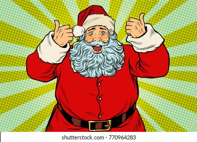 Thumb up happy Santa Claus. Pop art retro vector illustration