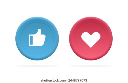 Thumb up and heart in circles. Button design in 3d style. Concept of good and love customer experience feedback for social media. Vector illustration.