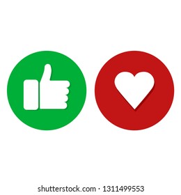 Thumb up and heart, green and red colors, white background isolated icon, media signs socia icons. Flet design EPS 10.